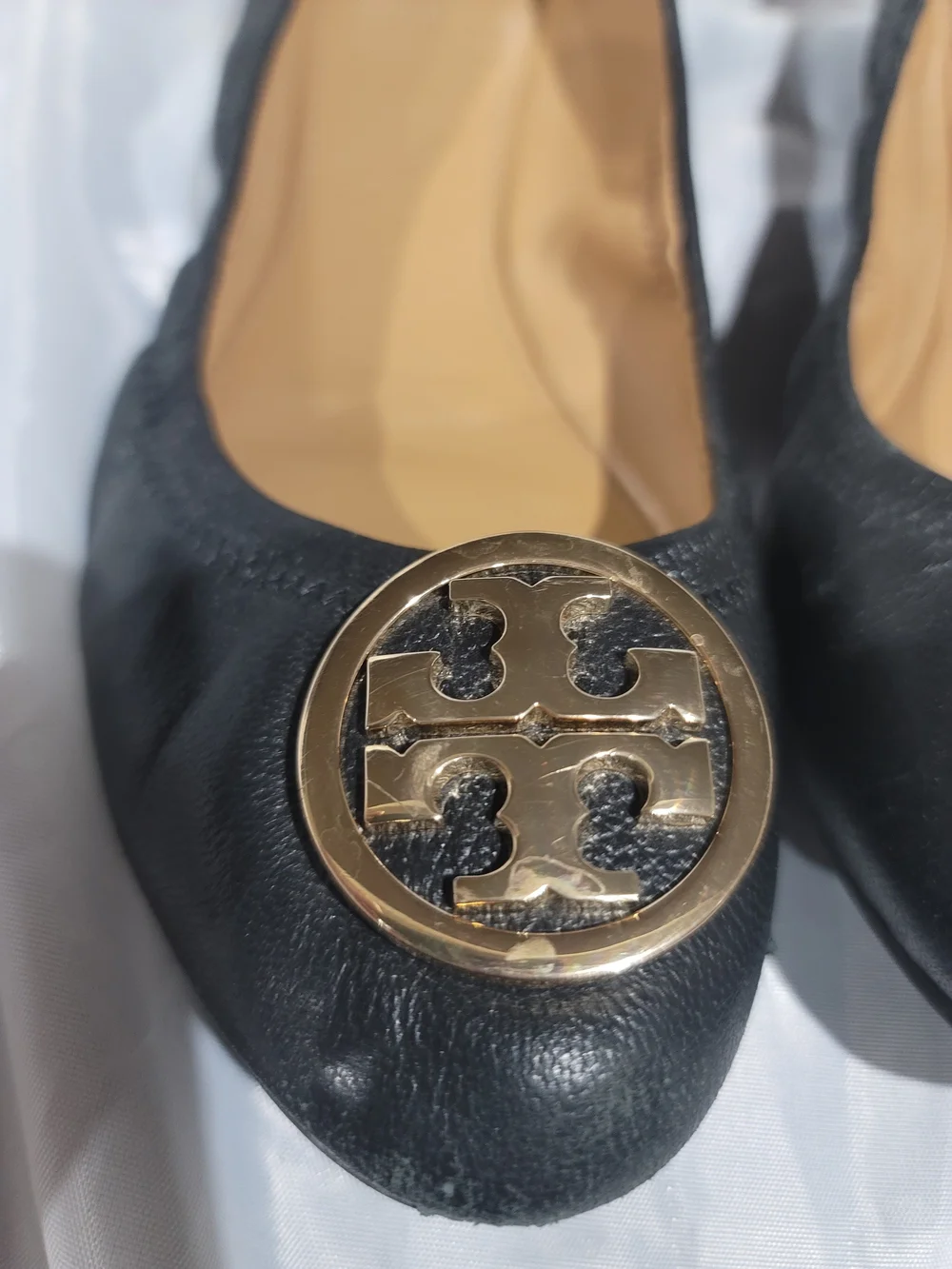 Tory Burch Black Leather Reva Ballet Flats Gold Logo Size 10
